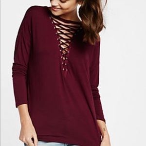 Express One Eleven Girlfriend Long Sleeve Deep V Neck Lace Up Tee - Wine